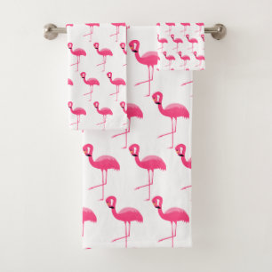 WHITE PINK FLAMINGO BRIGHT BATHROOM TOWEL SET