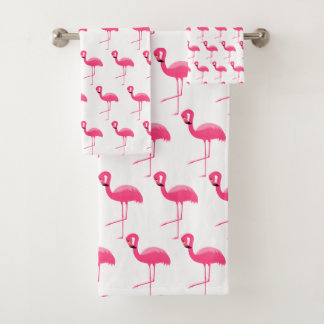 WHITE PINK FLAMINGO BRIGHT BATHROOM TOWEL SET