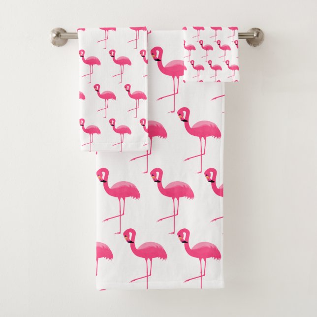 WHITE PINK FLAMINGO BRIGHT BATHROOM TOWEL SET (Insitu)