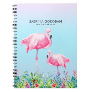 White & Pink Flamingos With Tropical Flowers Notebook
