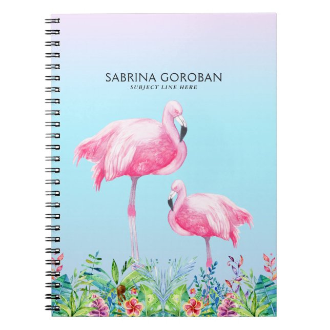 White & Pink Flamingos With Tropical Flowers Notebook (Front)