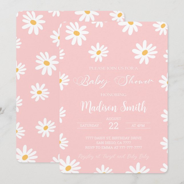 White & Pink Floral Daisy Baby Shower  Invitation (Front/Back)