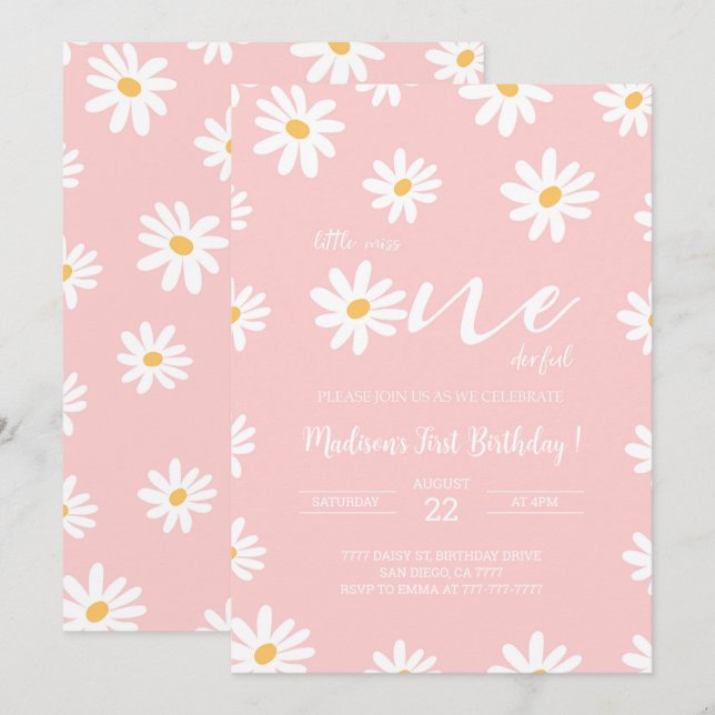 White & Pink Floral Daisy Birthday  Invitation (Front/Back)