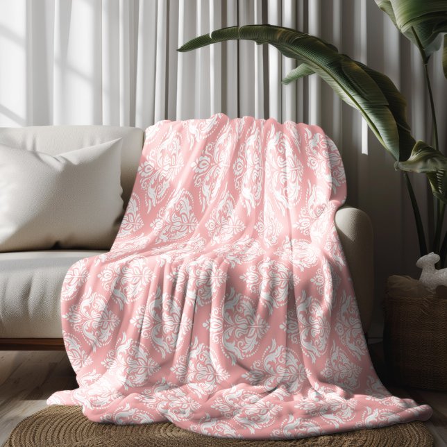 White & Pink Floral Damasks Pattern Fleece Blanket (Creator Uploaded)