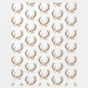 White Pink Floral Deer Antlers Fleece Blanket