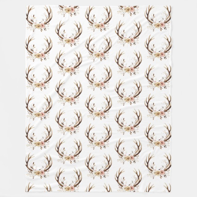 White Pink Floral Deer Antlers Fleece Blanket (Front)