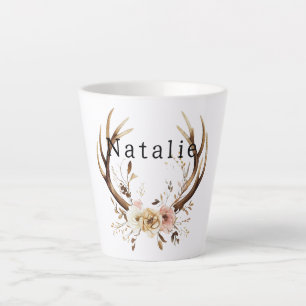 White Pink Floral Deer Antlers Personalised Latte Mug
