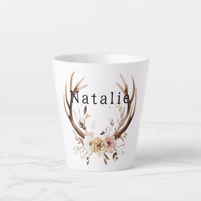 White Pink Floral Deer Antlers Personalised Latte Mug (Front)
