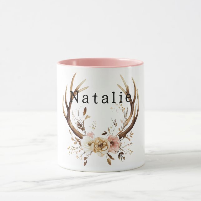 White Pink Floral Deer Antlers Personalised Mug (Center)