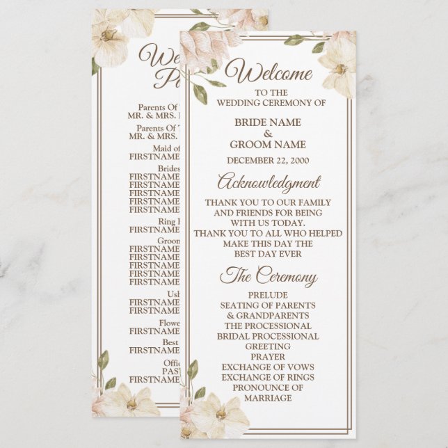 White Pink Floral Frame Greenery Modern Wedding Programme (Front/Back)