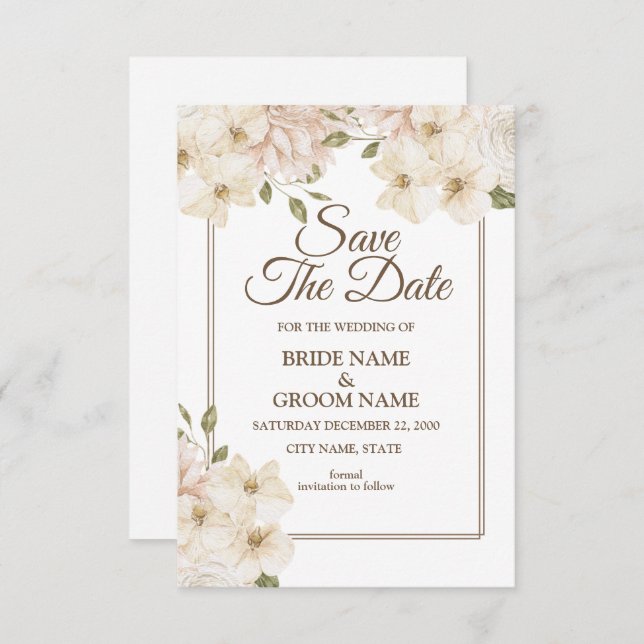 White Pink Floral Frame Modern Wedding Save The Date (Front/Back)