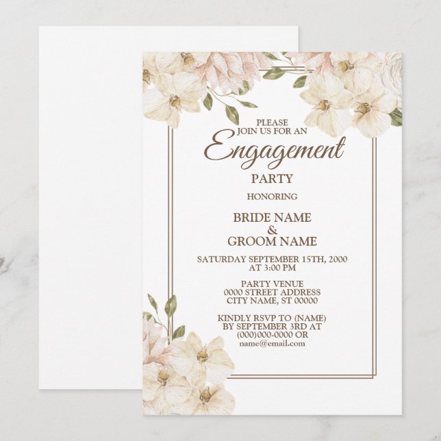 White Pink Floral Greenery Modern Engagement Party Invitation (Front/Back)