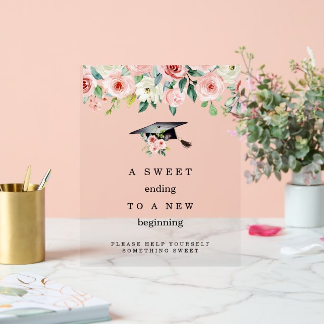 White & Pink Floral Hat Graduation Tabe Acrylic Sign (Wedding)