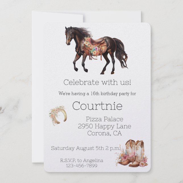 White Pink Floral Horse Western Cowgirl Birthday Invitation (Front)