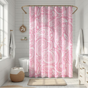 White & Pink Floral Paisley Lace Pattern Shower Curtain
