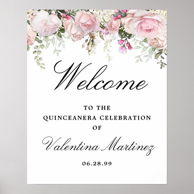 White Pink Floral Quinceanera Welcome Sign (Front)
