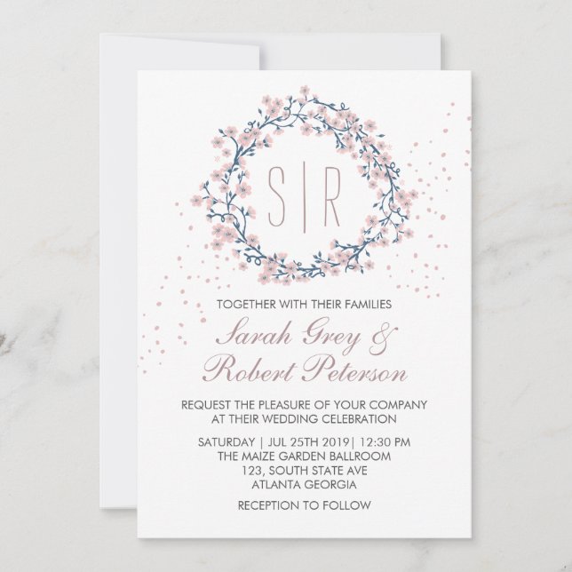 White Pink Flower Wreath Wedding Invitation (Front)