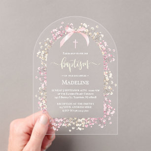 white pink flowers Baptism Acrylic Invitations