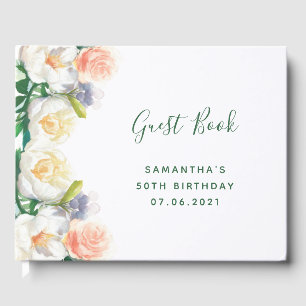 White pink flowers elegant birthday guest book