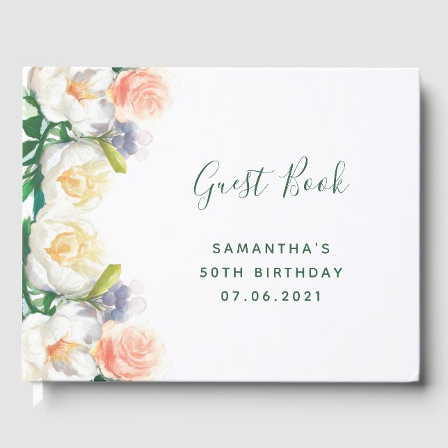 White pink flowers elegant birthday guest book (Front)
