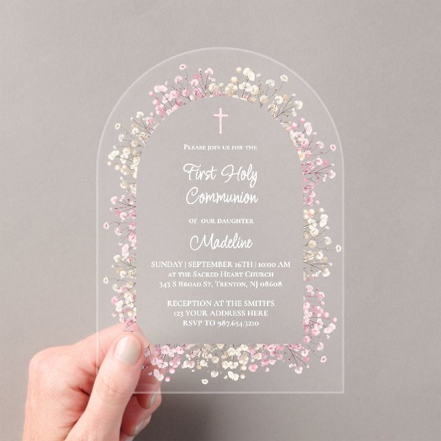 white pink flowers First Communion Acrylic Invitations (Insitu (Handheld))