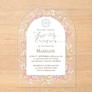 white pink flowers First Holy Communion Acrylic Invitations