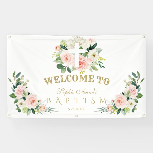 White Pink Flowers Girl Baptism Cross Welcome Sign (Horizontal)