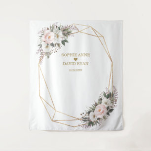 White Pink Flowers Gold Wedding Photo Booth Tapestry