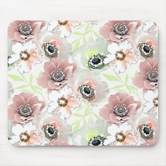 White, pink flowers.  mouse mat (Front)