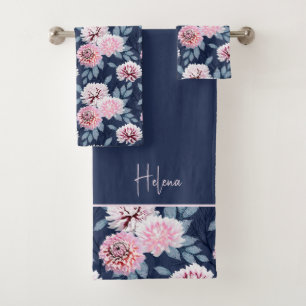  White, pink flowers on dark blue. Bath Towel Set