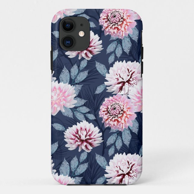  White, pink flowers on dark blue. Case-Mate iPhone Case (Back)