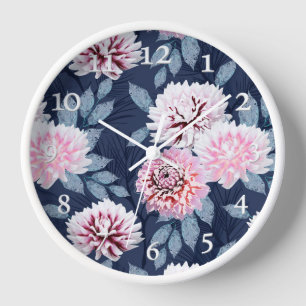  White, pink flowers on dark blue. Clock