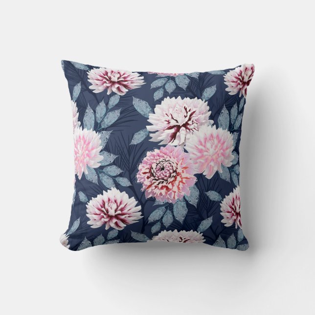  White, pink flowers on dark blue. Cushion (Front)