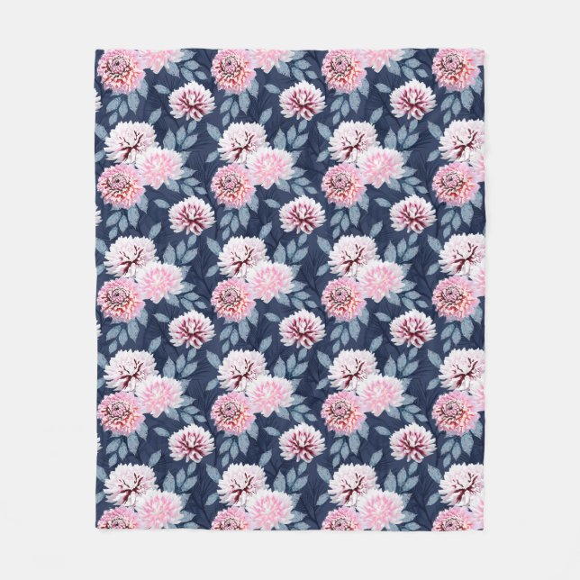  White, pink flowers on dark blue. Fleece Blanket (Front)