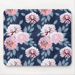  White, pink flowers on dark blue. Mouse Mat