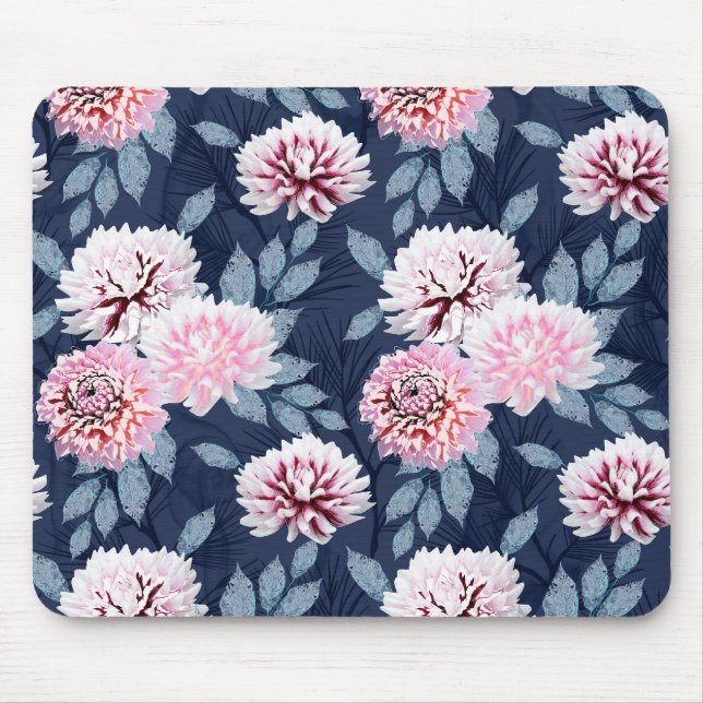  White, pink flowers on dark blue. Mouse Mat (Front)