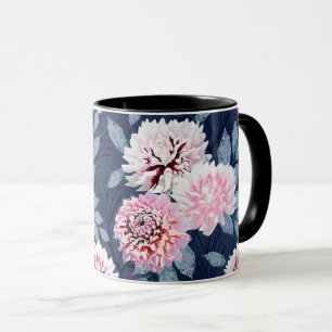 White, pink flowers on dark blue. Mug
