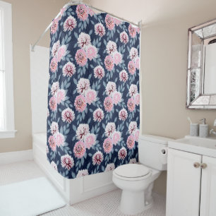  White, pink flowers on dark blue. Shower Curtain