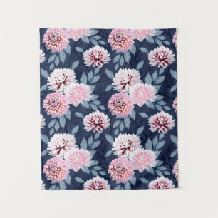White, pink flowers on dark blue. Tapestry
