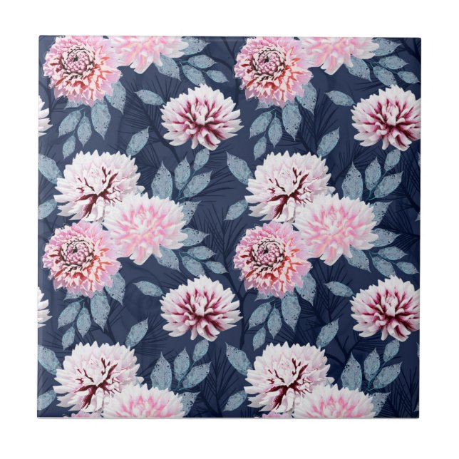  White, pink flowers on dark blue. Tile (Front)