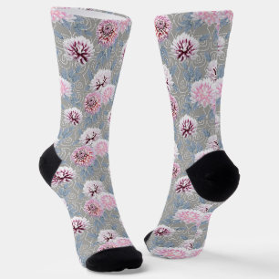 White, pink flowers on grey. socks