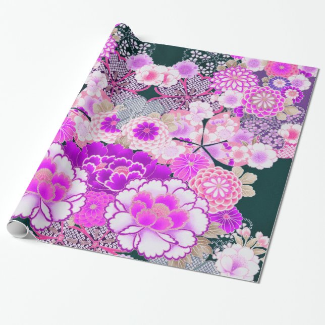 WHITE PINK FLOWERS Peony,Roses Japanese Floral  Wrapping Paper (Unrolled)