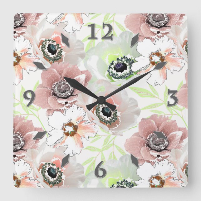 White, pink flowers.  square wall clock (Front)