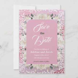 White & pink flowers & stencils SAVE THE DATE card