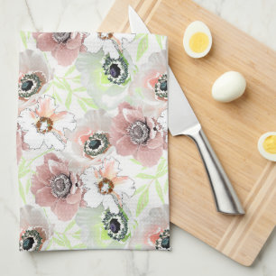 White, pink flowers.  tea towel