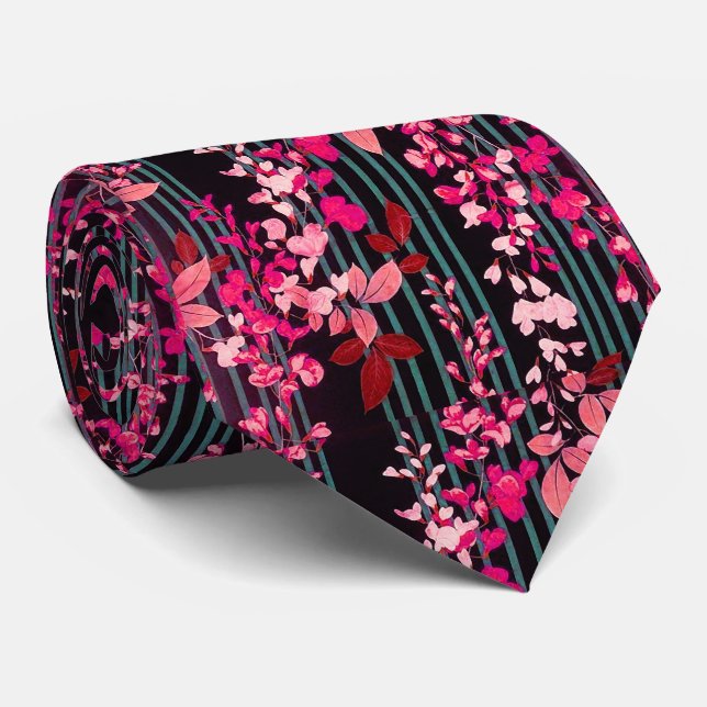 WHITE PINK FLOWERS,TEAL BLUE BLACK STRIPES Floral  Tie (Rolled)