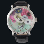 WHITE PINK FUCHSIA ROSES,ANEMONE FLOWERS MONOGRAM WATCH<br><div class="desc">Elegant floral watch, white pink white roses and purple blue anemones on teal background with printed pink gemstones.</div>