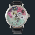 WHITE PINK FUCHSIA ROSES,ANEMONE FLOWERS MONOGRAM WATCH<br><div class="desc">Elegant floral watch, white pink white roses and purple blue anemones on teal background with printed pink gemstones.</div>