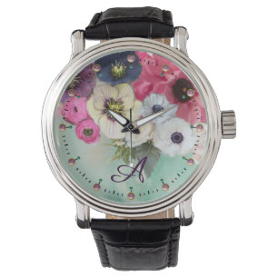 WHITE PINK FUCHSIA ROSES,ANEMONE FLOWERS MONOGRAM WATCH