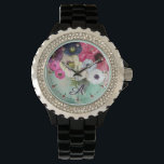 WHITE PINK FUCHSIA ROSES,ANEMONE FLOWERS MONOGRAM WATCH<br><div class="desc">Elegant floral watch, white pink white roses and purple blue anemones on teal background with printed pink gemstones.</div>